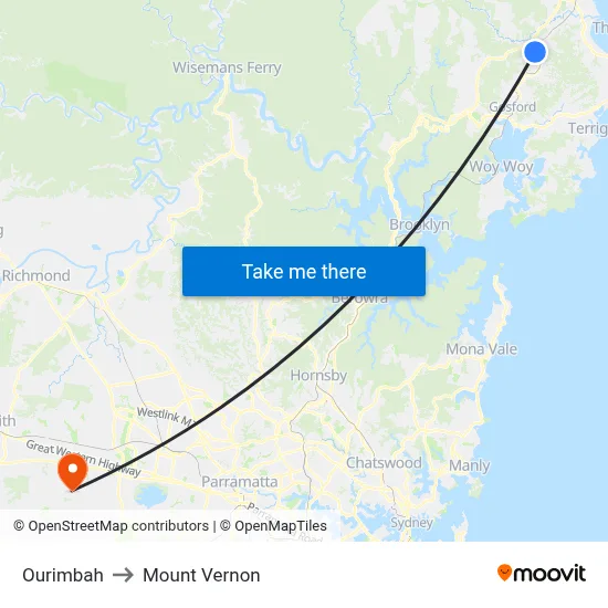 Ourimbah to Mount Vernon map