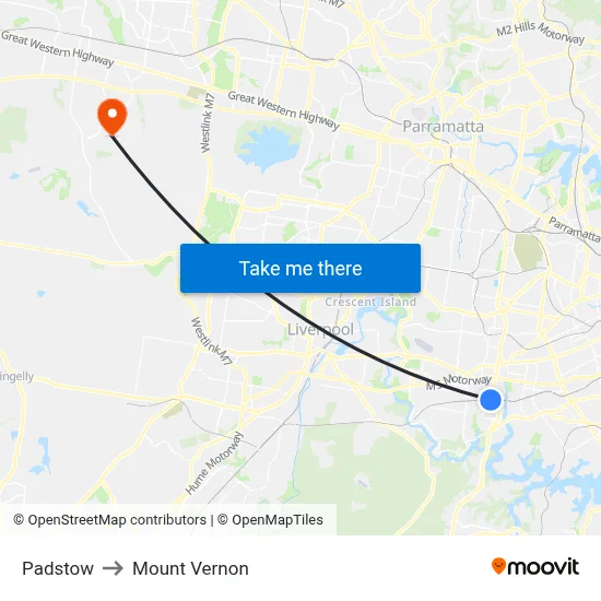 Padstow to Mount Vernon map
