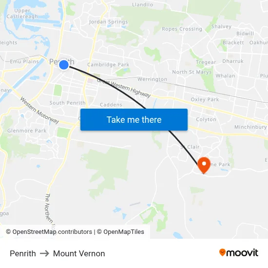 Penrith to Mount Vernon map