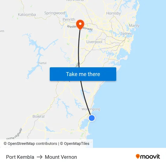 Port Kembla to Mount Vernon map