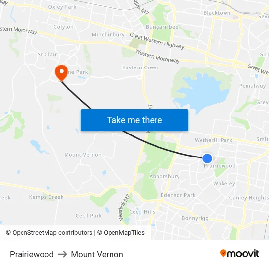 Prairiewood to Mount Vernon map