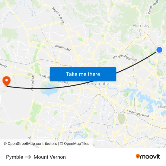 Pymble to Mount Vernon map