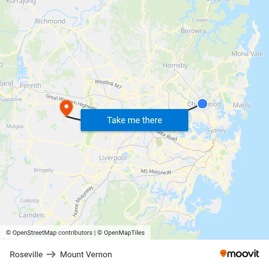 Roseville to Mount Vernon map