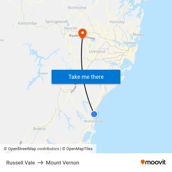 Russell Vale to Mount Vernon map