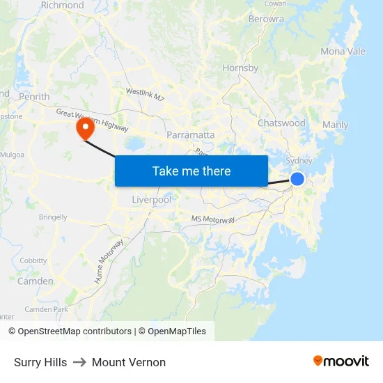 Surry Hills to Mount Vernon map