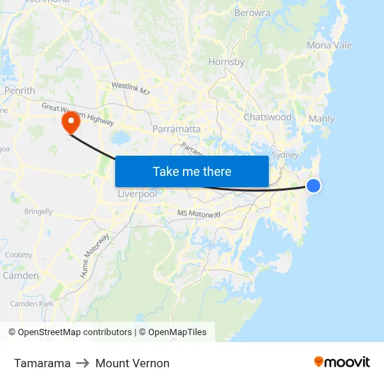Tamarama to Mount Vernon map