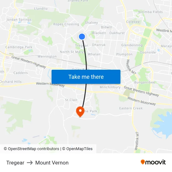 Tregear to Mount Vernon map