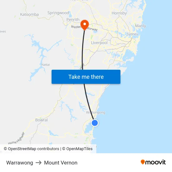 Warrawong to Mount Vernon map