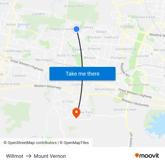 Willmot to Mount Vernon map