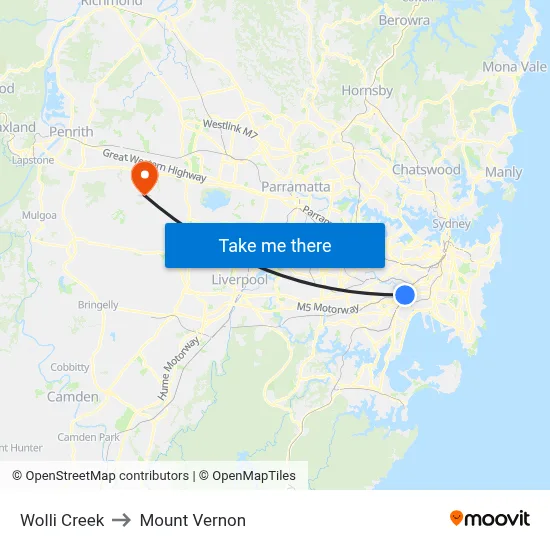 Wolli Creek to Mount Vernon map
