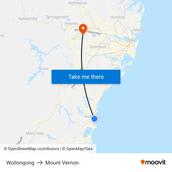 Wollongong to Mount Vernon map
