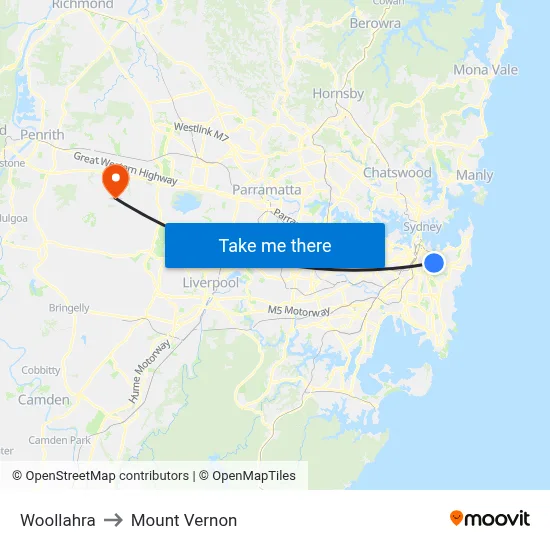 Woollahra to Mount Vernon map