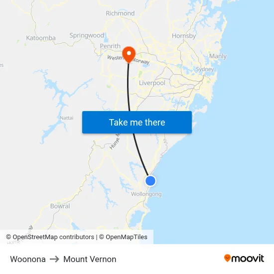Woonona to Mount Vernon map