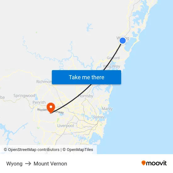 Wyong to Mount Vernon map