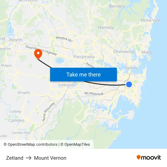 Zetland to Mount Vernon map