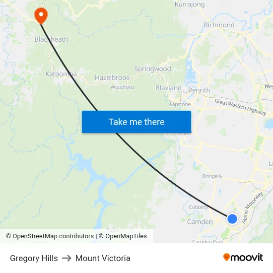Gregory Hills to Mount Victoria map
