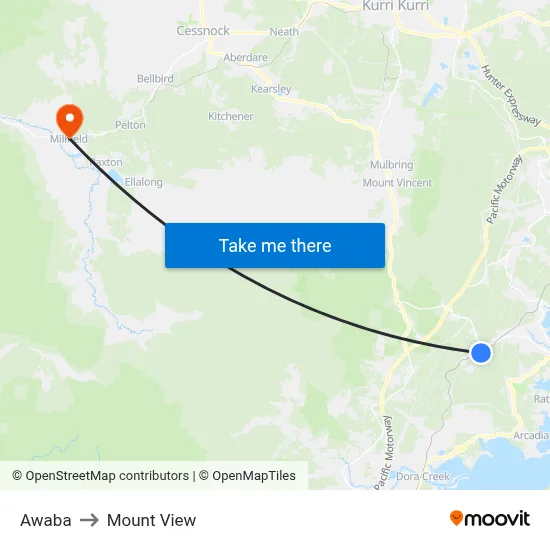 Awaba to Mount View map