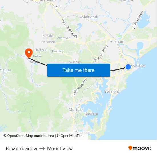 Broadmeadow to Mount View map