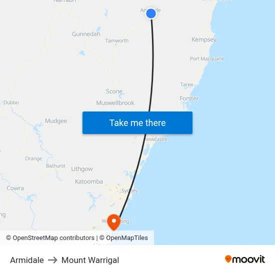 Armidale to Mount Warrigal map
