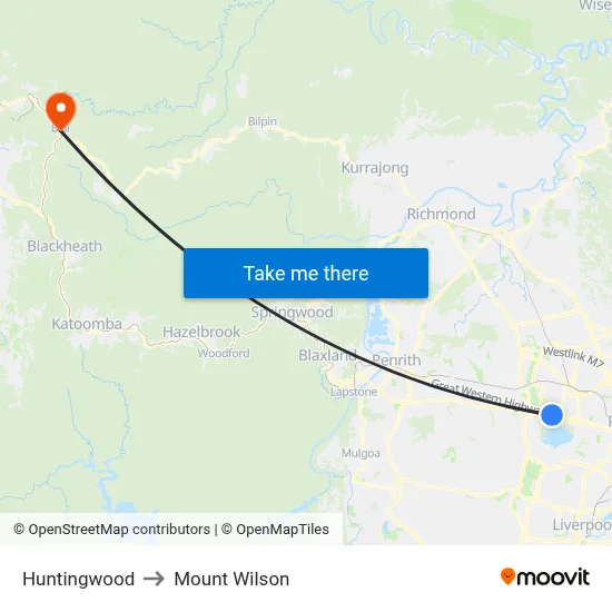 Huntingwood to Mount Wilson map