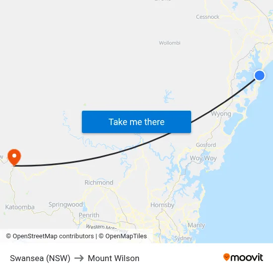 Swansea (NSW) to Mount Wilson map