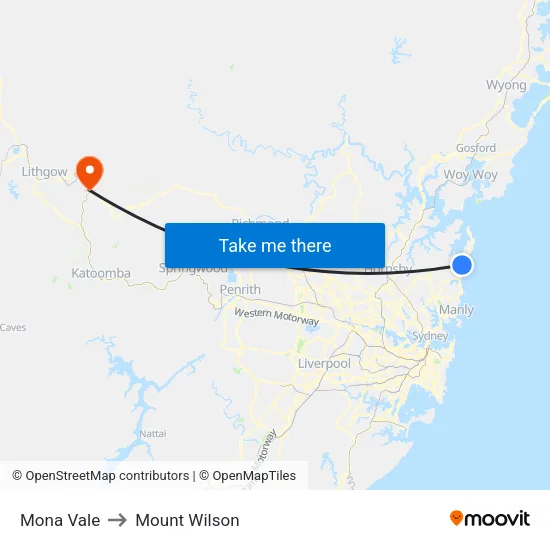 Mona Vale to Mount Wilson map