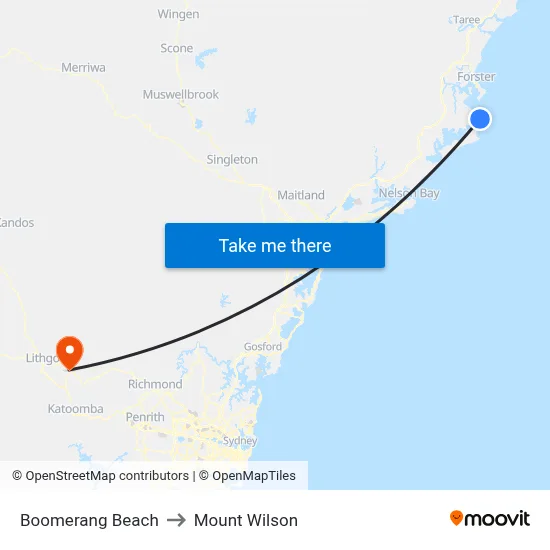 Boomerang Beach to Mount Wilson map