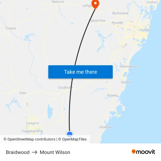 Braidwood to Mount Wilson map