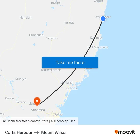 Coffs Harbour to Mount Wilson map