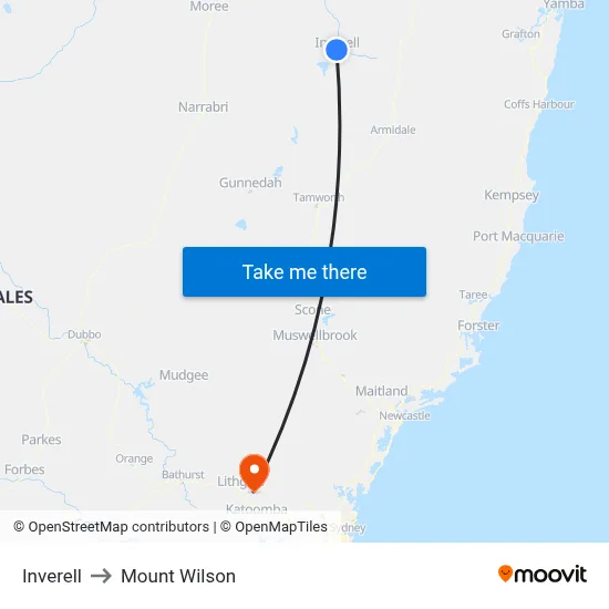 Inverell to Mount Wilson map