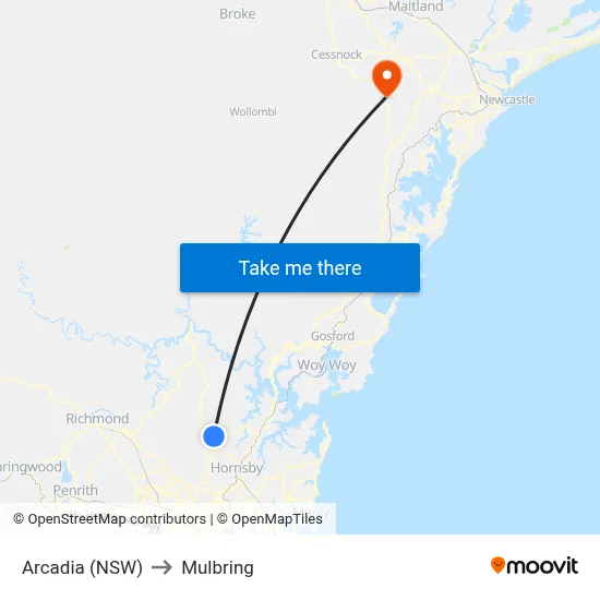 Arcadia (NSW) to Mulbring map
