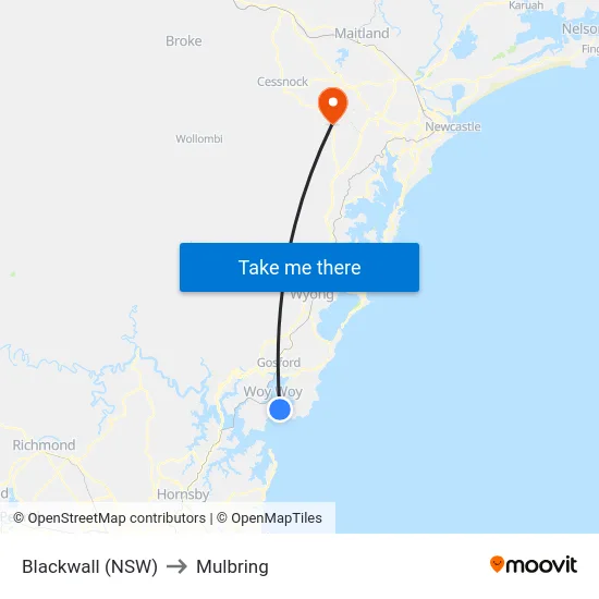 Blackwall (NSW) to Mulbring map