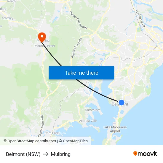 Belmont (NSW) to Mulbring map