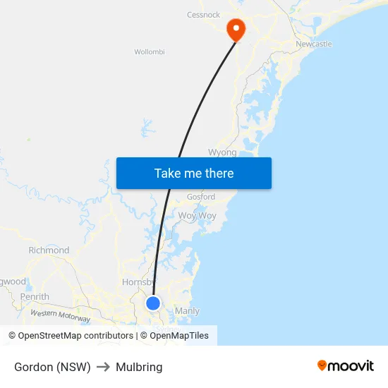 Gordon (NSW) to Mulbring map