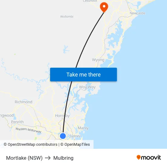 Mortlake (NSW) to Mulbring map