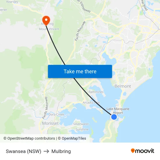 Swansea (NSW) to Mulbring map