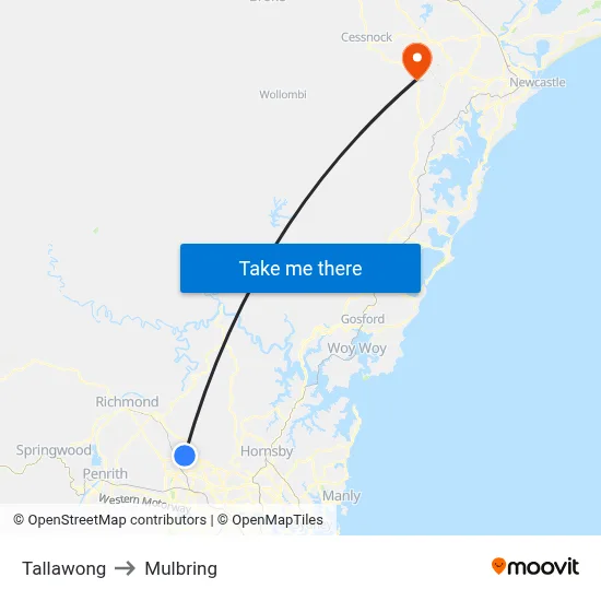 Tallawong to Mulbring map