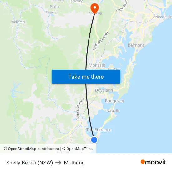 Shelly Beach (NSW) to Mulbring map