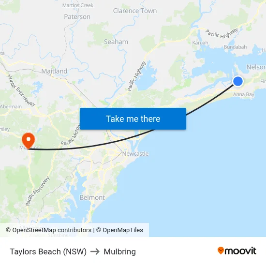 Taylors Beach (NSW) to Mulbring map