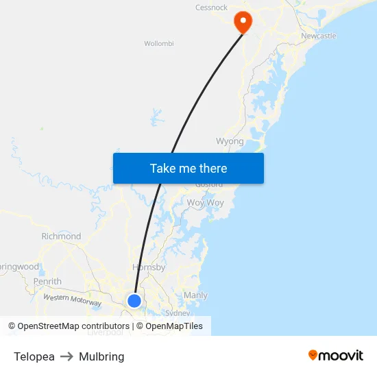 Telopea to Mulbring map