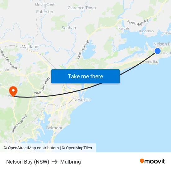 Nelson Bay (NSW) to Mulbring map
