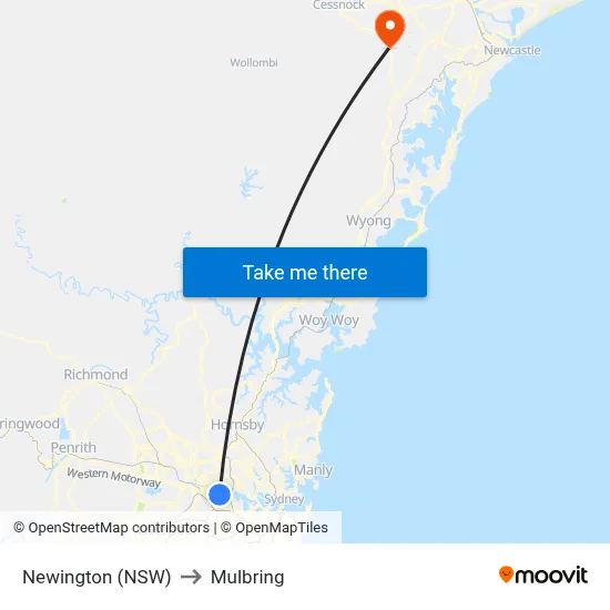 Newington (NSW) to Mulbring map
