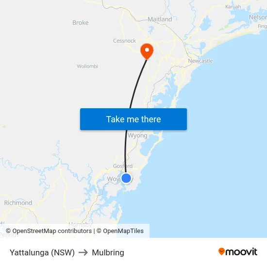 Yattalunga (NSW) to Mulbring map