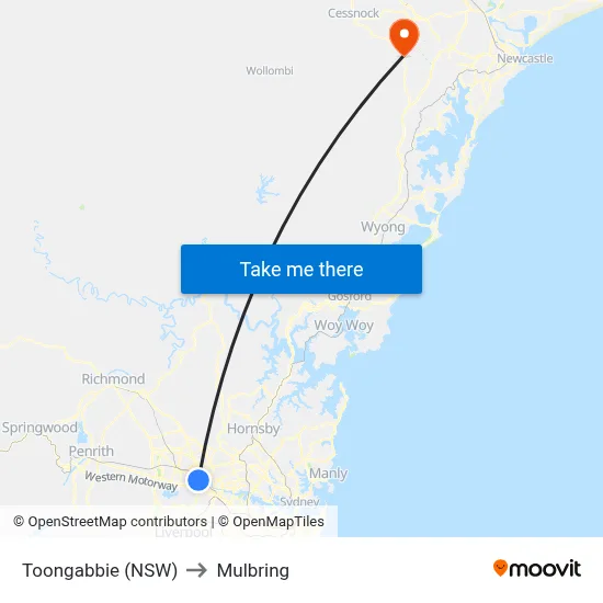 Toongabbie (NSW) to Mulbring map