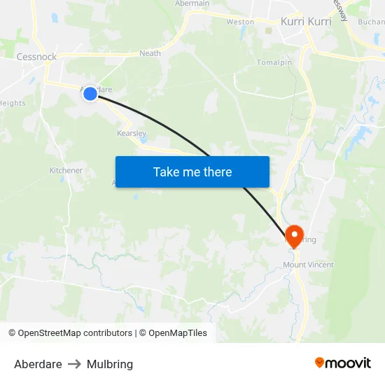Aberdare to Mulbring map