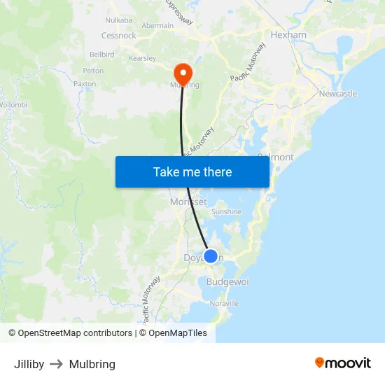 Jilliby to Mulbring map