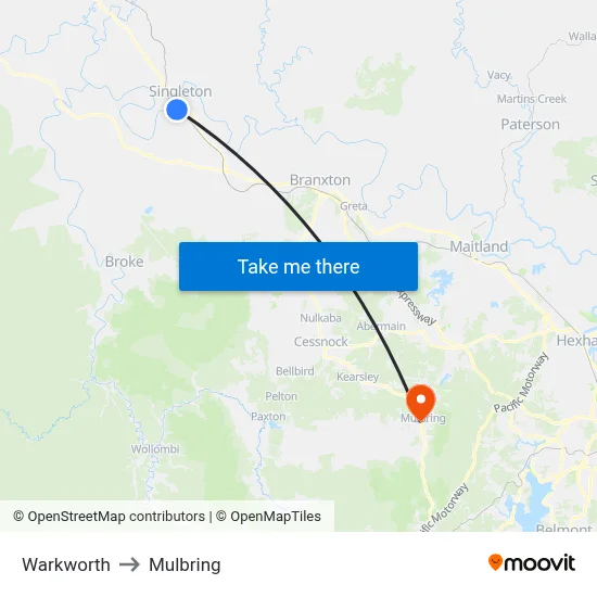 Warkworth to Mulbring map