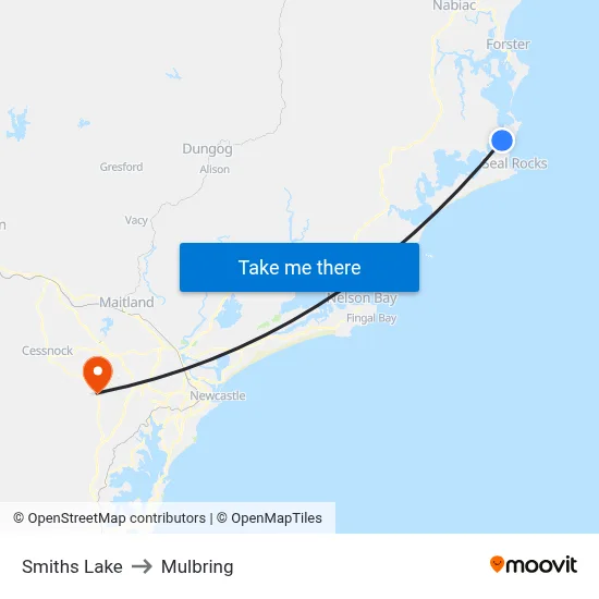 Smiths Lake to Mulbring map