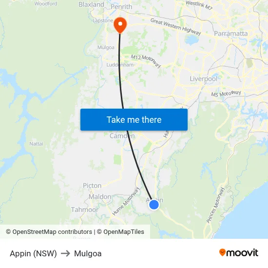 Appin (NSW) to Mulgoa map