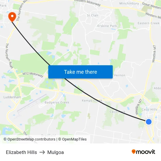Elizabeth Hills to Mulgoa map